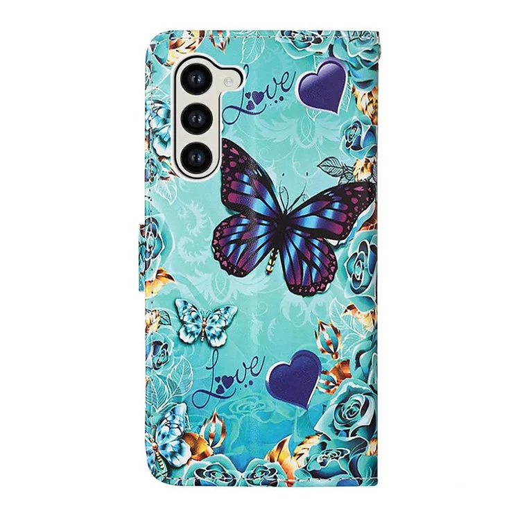 For Samsung Galaxy S24 Leather Case with Strap and Card Holder Pattern Printing Phone Stand Cover - Butterfly and Heart