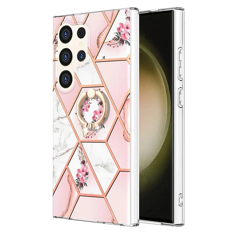 YB IMD Series-6 For Samsung Galaxy S24 Ultra Kickstand Case Electroplating Edge TPU Phone Cover - Pink Flowers