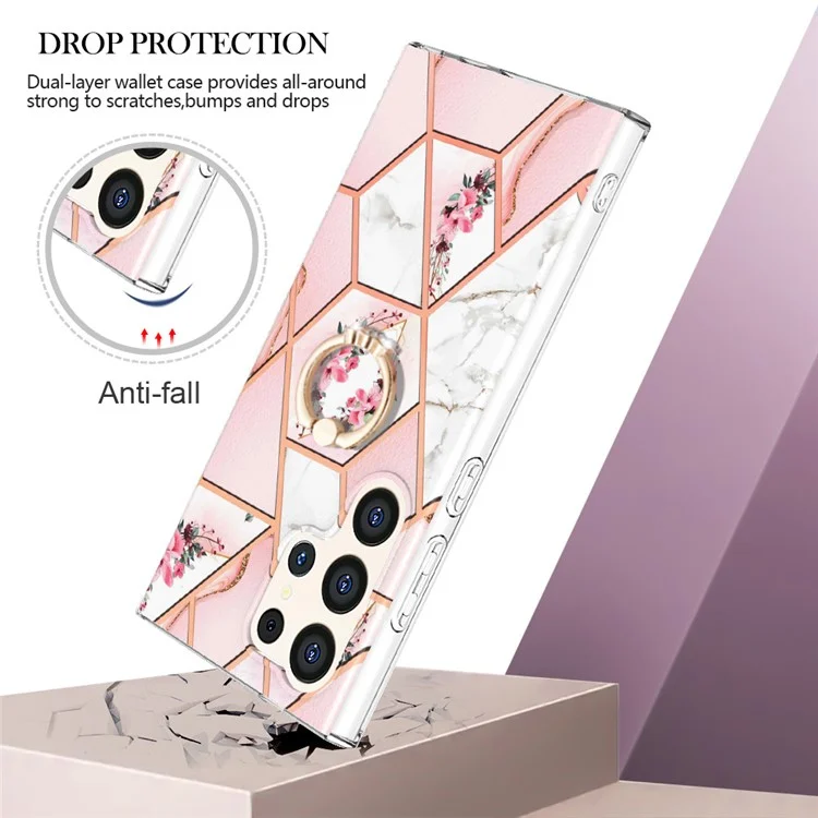 YB IMD Series-6 For Samsung Galaxy S24 Ultra Kickstand Case Electroplating Edge TPU Phone Cover - Pink Flowers