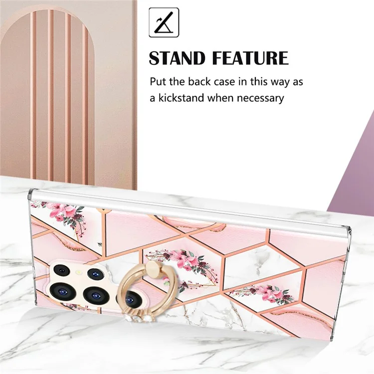 YB IMD Series-6 For Samsung Galaxy S24 Ultra Kickstand Case Electroplating Edge TPU Phone Cover - Pink Flowers