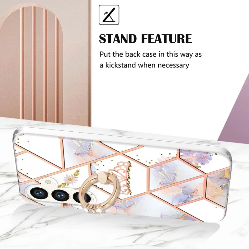 For Samsung Galaxy S24 Case with Ring Kickstand IMD Marble Pattern TPU Back Cover - Crown
