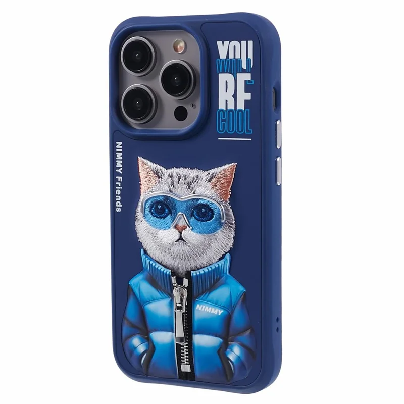NIMMY Glasses Pet Series Gen 2 for iPhone 15 Pro Max Case Embroidery Animal Pattern Phone Cover - Blue Coat Cat