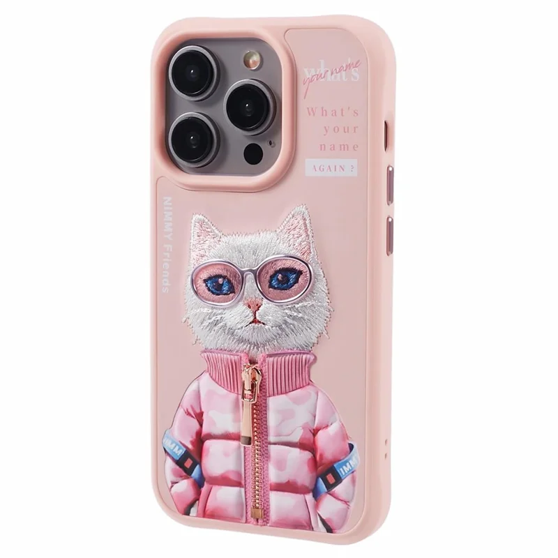 NIMMY Glasses Pet Series Gen 2 for iPhone 15 Pro Max Case Embroidery Animal Pattern Phone Cover - Pink Coat Cat