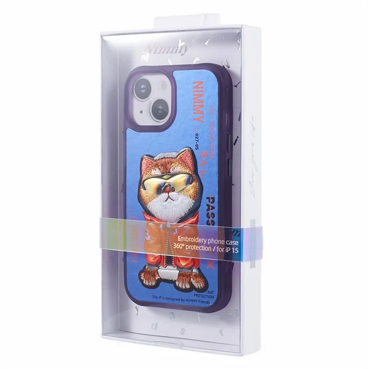 NIMMY Für iPhone 15 Stickerei Hülle PU Leder+TPU+PC Telefon Schutzhülle - Blau