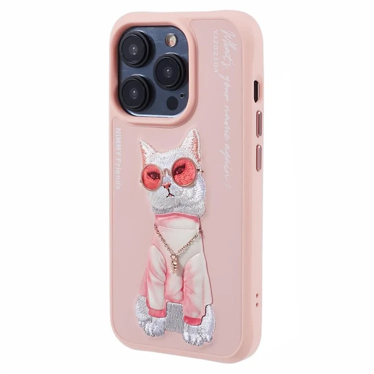 NIMMY Glasses Pet Series pour iPhone 15 Pro Max Étui Broderie Motif Animal Coque de Téléphone - Chat Manteau Rose