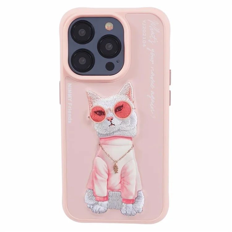 NIMMY Glasses Pet Series pour iPhone 15 Pro Max Étui Broderie Motif Animal Coque de Téléphone - Chat Manteau Rose