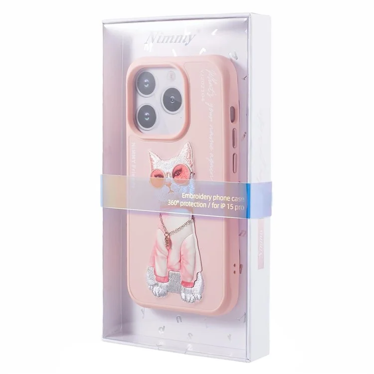 NIMMY Glasses Pet Series pour iPhone 15 Pro Max Étui Broderie Motif Animal Coque de Téléphone - Chat Manteau Rose