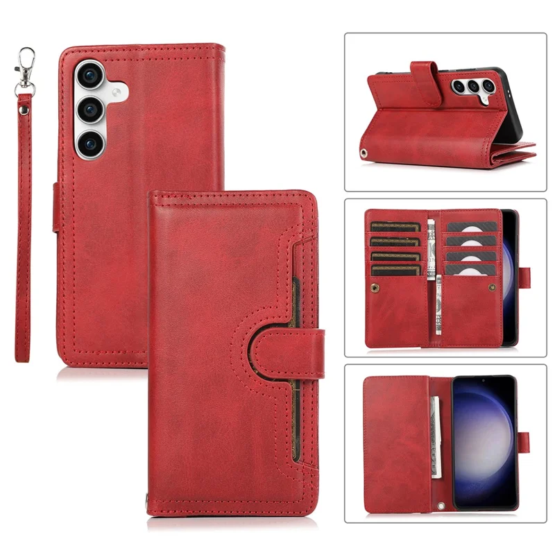For Samsung Galaxy S24 Case Split Leather Folio Stand Multiple Card Slots Phone Cover - Red