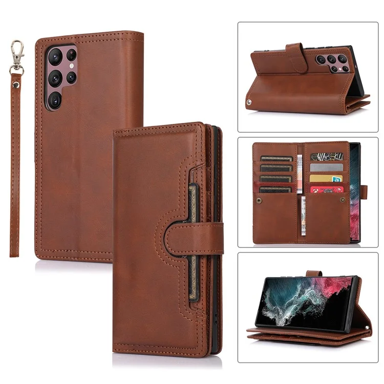 For Samsung Galaxy S24 Ultra Case Split Leather Magnetic Wallet Phone Protector with Wrist Strap - Coffee