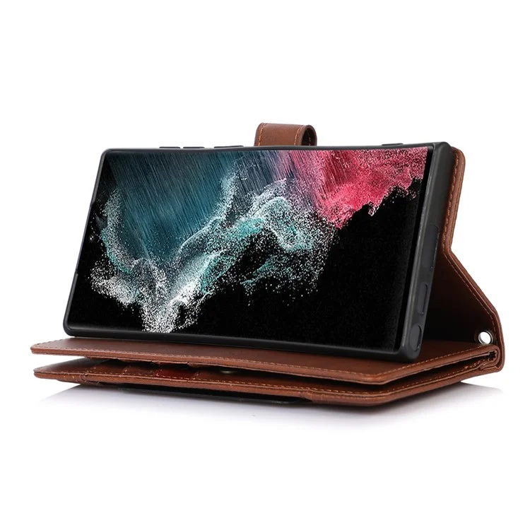 For Samsung Galaxy S24 Ultra Case Split Leather Magnetic Wallet Phone Protector with Wrist Strap - Coffee