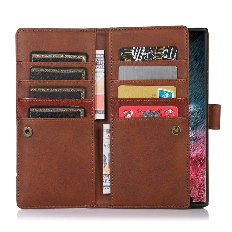 For Samsung Galaxy S24 Ultra Case Split Leather Magnetic Wallet Phone Protector with Wrist Strap - Coffee