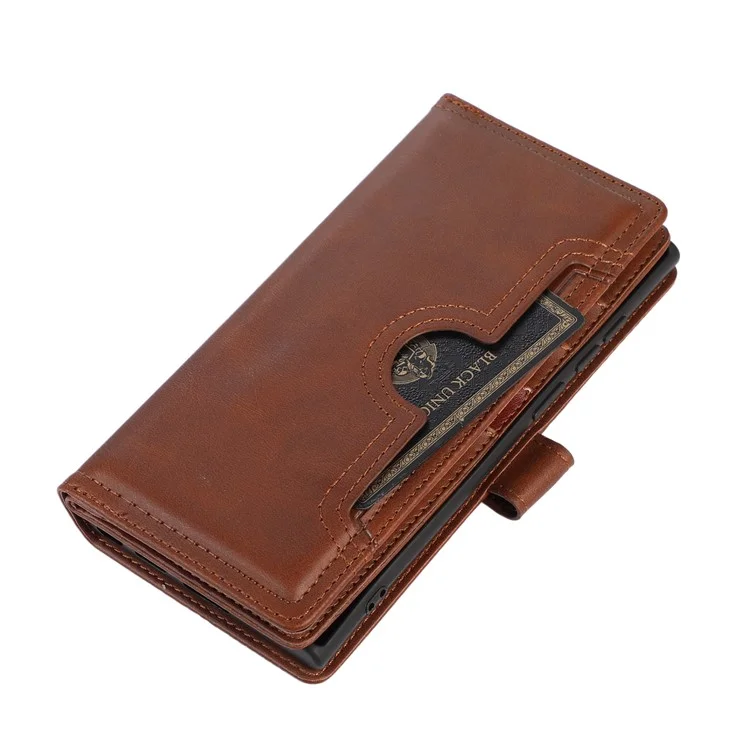 For Samsung Galaxy S24 Ultra Case Split Leather Magnetic Wallet Phone Protector with Wrist Strap - Coffee