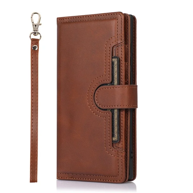 For Samsung Galaxy S24 Ultra Case Split Leather Magnetic Wallet Phone Protector with Wrist Strap - Coffee