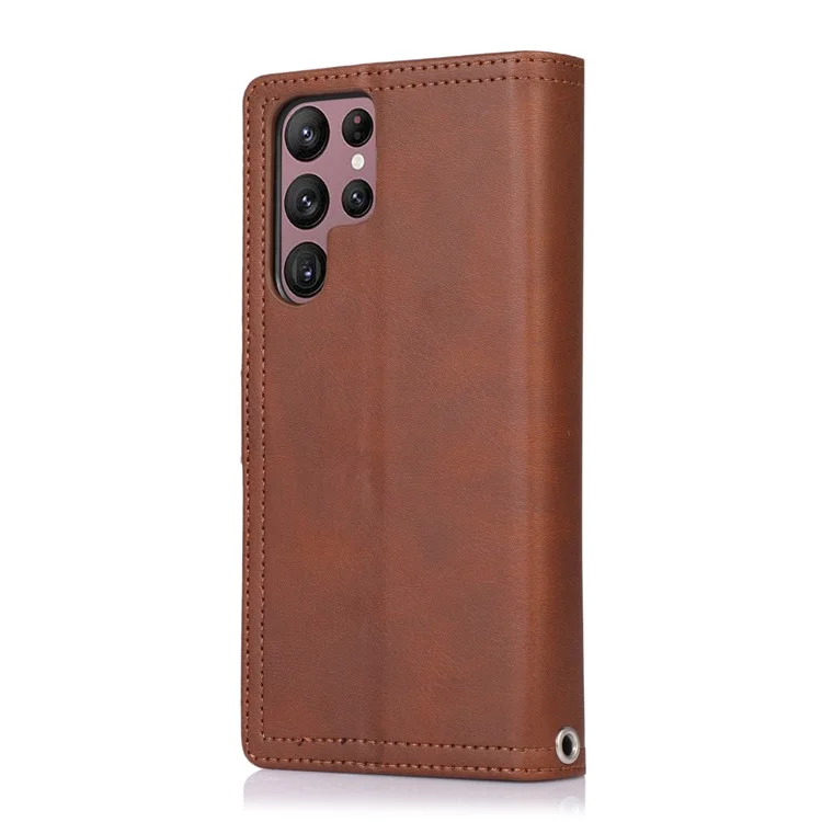 For Samsung Galaxy S24 Ultra Case Split Leather Magnetic Wallet Phone Protector with Wrist Strap - Coffee