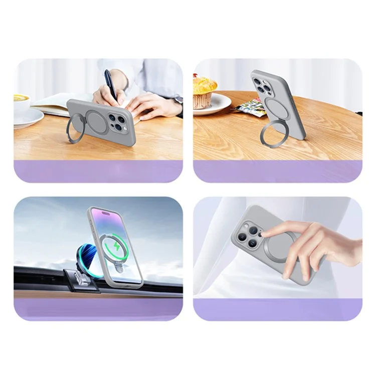 XUNDD For iPhone 15 Pro Max Reno Magnetic Holder Series Kickstand Liquid Silicone Cell Phone Cases - Grey