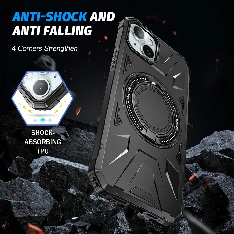 For iPhone 15 Plus Cell Phone Case Shock Absorbing TPU+PC Kickstand Cover - Black