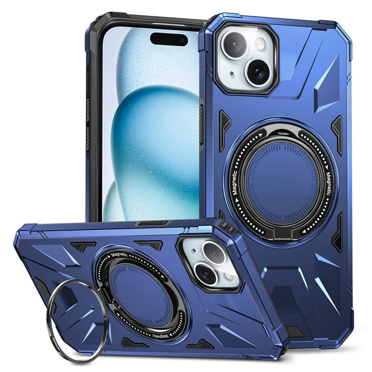 For iPhone 15 Plus Cell Phone Case Shock Absorbing TPU+PC Kickstand Cover - Navy Blue