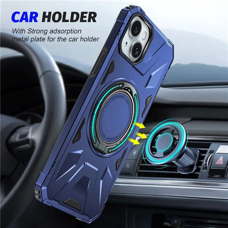 For iPhone 15 Plus Cell Phone Case Shock Absorbing TPU+PC Kickstand Cover - Navy Blue