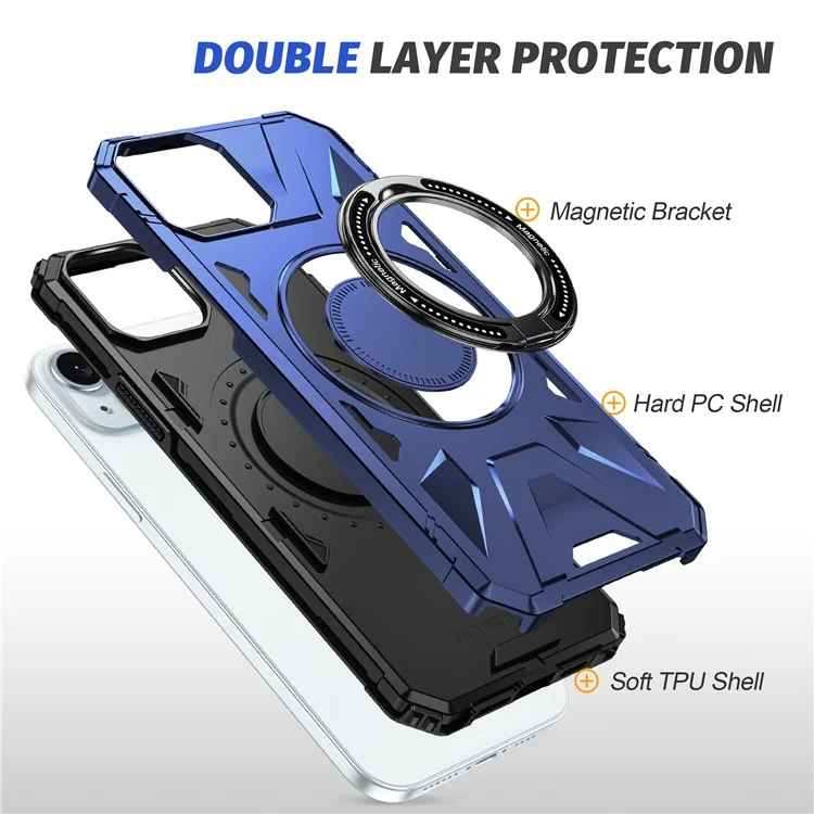 For iPhone 15 Plus Cell Phone Case Shock Absorbing TPU+PC Kickstand Cover - Navy Blue
