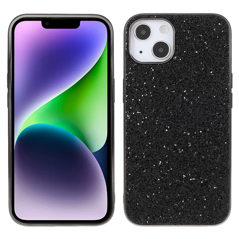For iPhone 14 Phone Case Electroplating TPU Frame Glitter Sequins PC Back Cover - Black