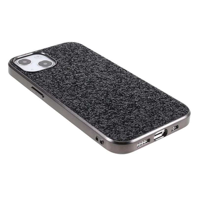 For iPhone 14 Phone Case Electroplating TPU Frame Glitter Sequins PC Back Cover - Black