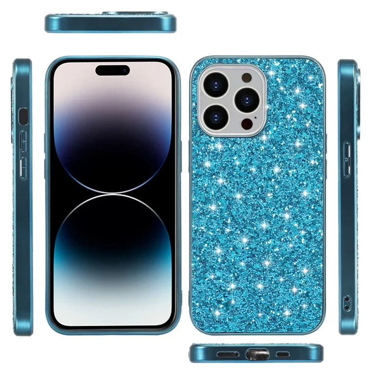 For iPhone 14 Pro Case Glitter Sequins Electroplating TPU Frame PC Back Cover - Blue