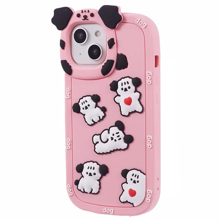 For iPhone 15 / 14 / 13 Case 3D Cartoon Dog Decor Silicone Phone Cover - Pink