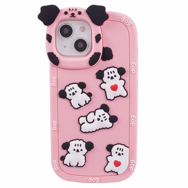 For iPhone 15 / 14 / 13 Case 3D Cartoon Dog Decor Silicone Phone Cover - Pink