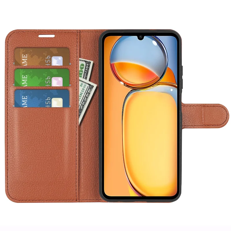 For Xiaomi Redmi 13C 4G / Poco C65 4G Case Litchi Texture Leather Phone Cover with Magnetic Closure - Brown