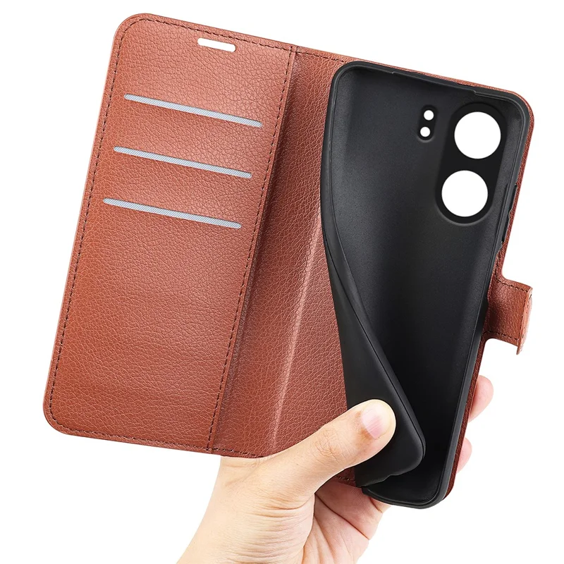 For Xiaomi Redmi 13C 4G / Poco C65 4G Case Litchi Texture Leather Phone Cover with Magnetic Closure - Brown