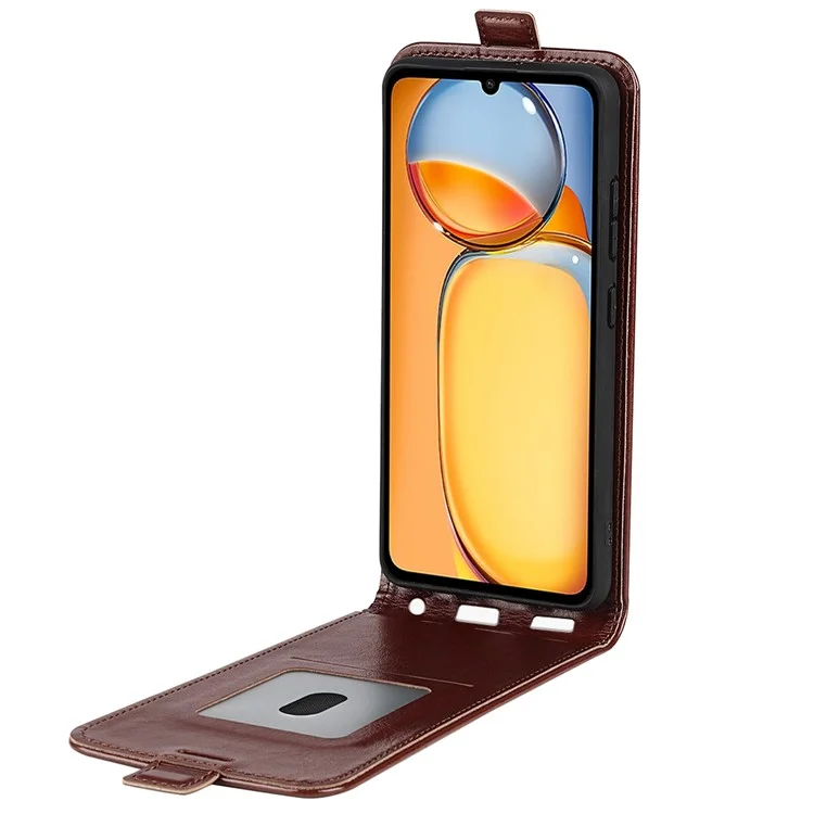 Capa Flip Vertical para Xiaomi Redmi 13C 4G / Poco C65 4G Carcaça Textura de Couro Crazy Horse - Marrom