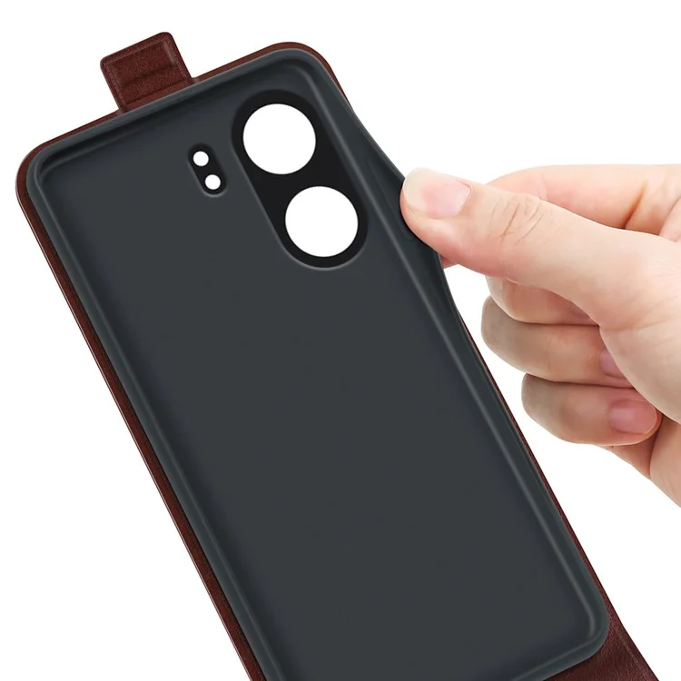 Capa Flip Vertical para Xiaomi Redmi 13C 4G / Poco C65 4G Carcaça Textura de Couro Crazy Horse - Marrom