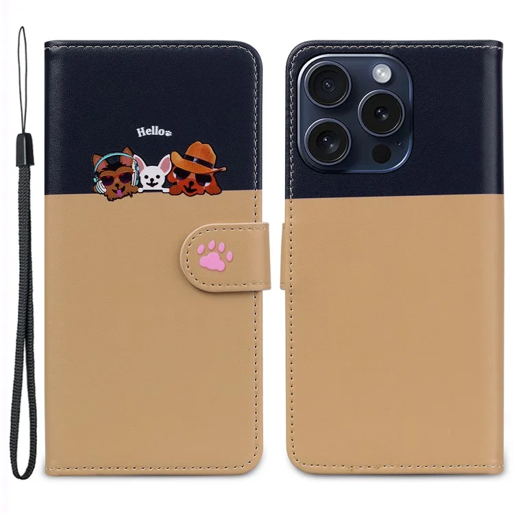 Série de Pets de Desenhos Animados para iPhone 15 Pro Case Animal Pattern Carteira Stand Capa de Couro - Cáqui