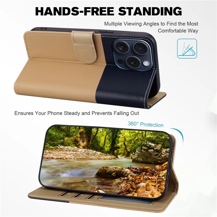 Série de Pets de Desenhos Animados para iPhone 15 Pro Case Animal Pattern Carteira Stand Capa de Couro - Cáqui