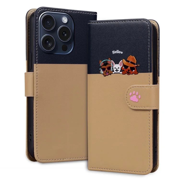 Série de Pets de Desenhos Animados para iPhone 15 Pro Case Animal Pattern Carteira Stand Capa de Couro - Cáqui
