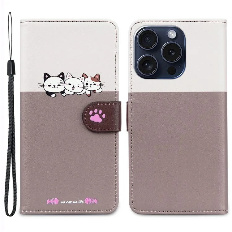 Série d'animaux de dessin animé pour étui portefeuille iPhone 15 Pro Max - Splicing Leather Phone Cover - Bean Pink