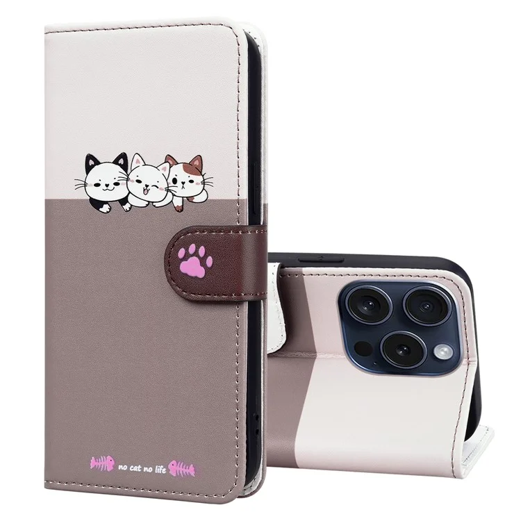 Série d'animaux de dessin animé pour étui portefeuille iPhone 15 Pro Max - Splicing Leather Phone Cover - Bean Pink