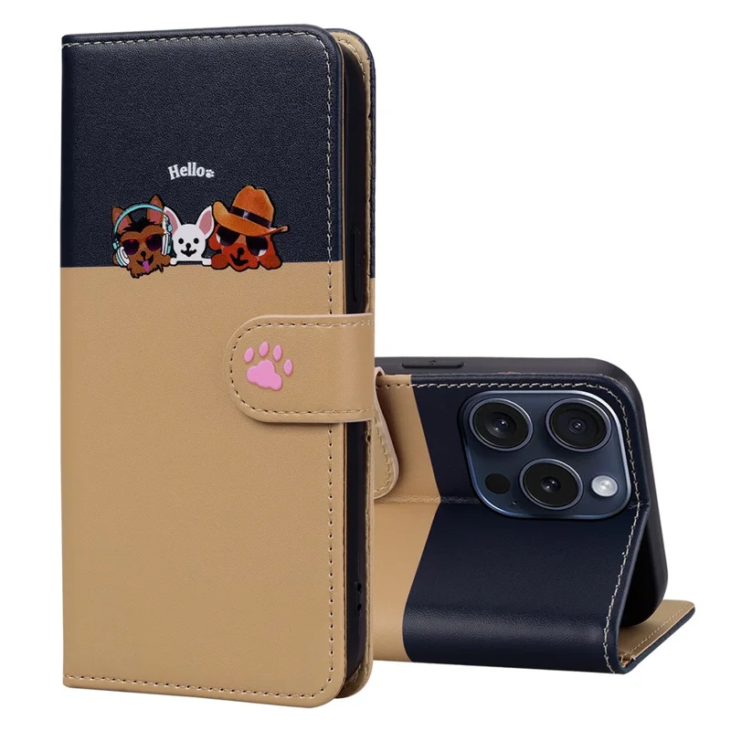 Cartoon Pet Series for iPhone 15 Pro Max Case Wallet Splicing Leather Phone Cover - Khaki
