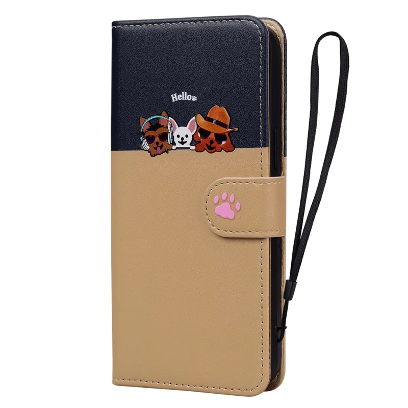 Cartoon Pet Series for iPhone 15 Pro Max Case Wallet Splicing Leather Phone Cover - Khaki