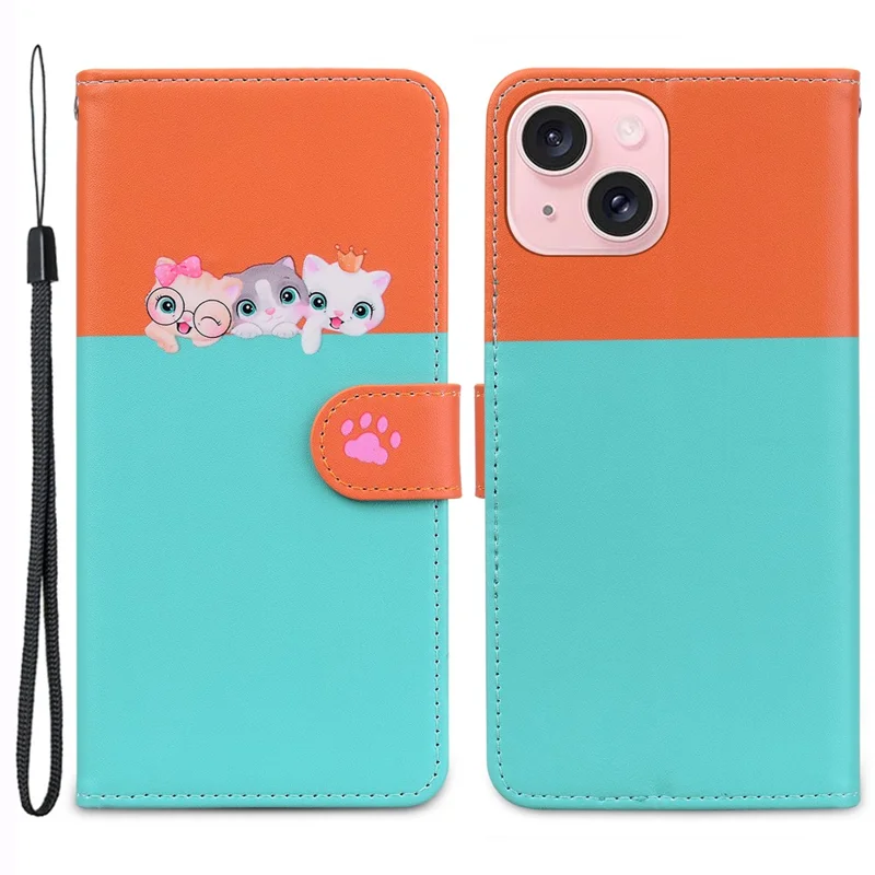 Cartoon Pet Series for iPhone 15 Leather Case Animal Pattern Color Splicing Wallet Cover - Sky Blue