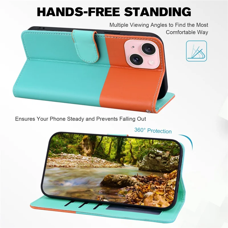 Cartoon Pet Series for iPhone 15 Leather Case Animal Pattern Color Splicing Wallet Cover - Sky Blue