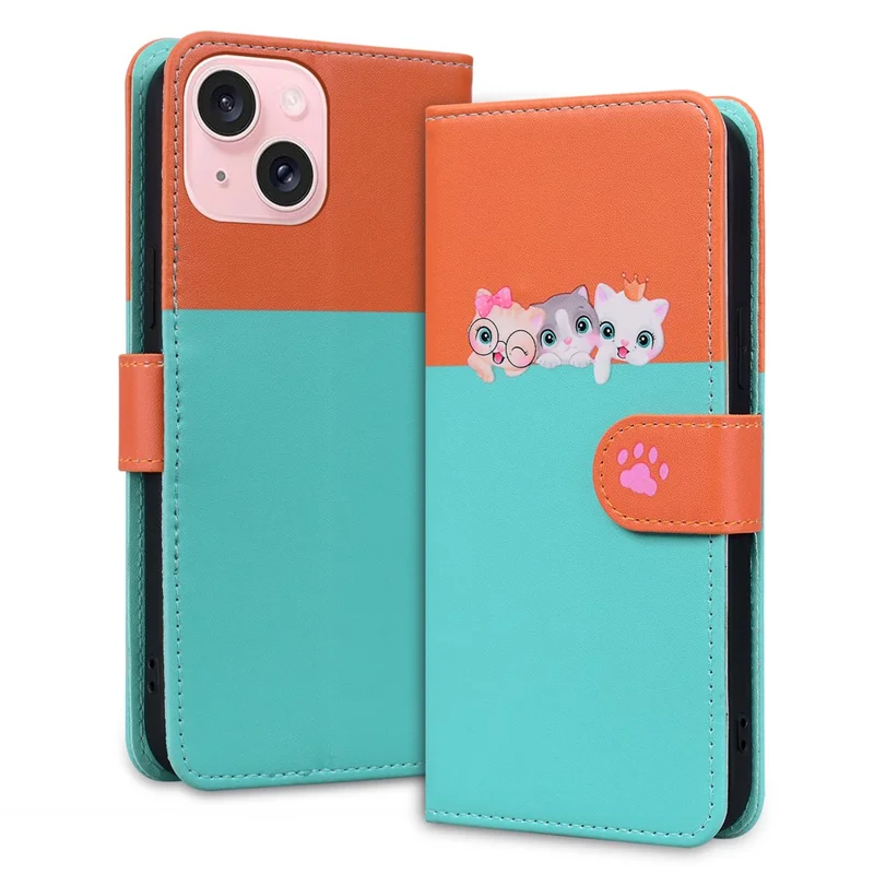 Cartoon Pet Series for iPhone 15 Leather Case Animal Pattern Color Splicing Wallet Cover - Sky Blue