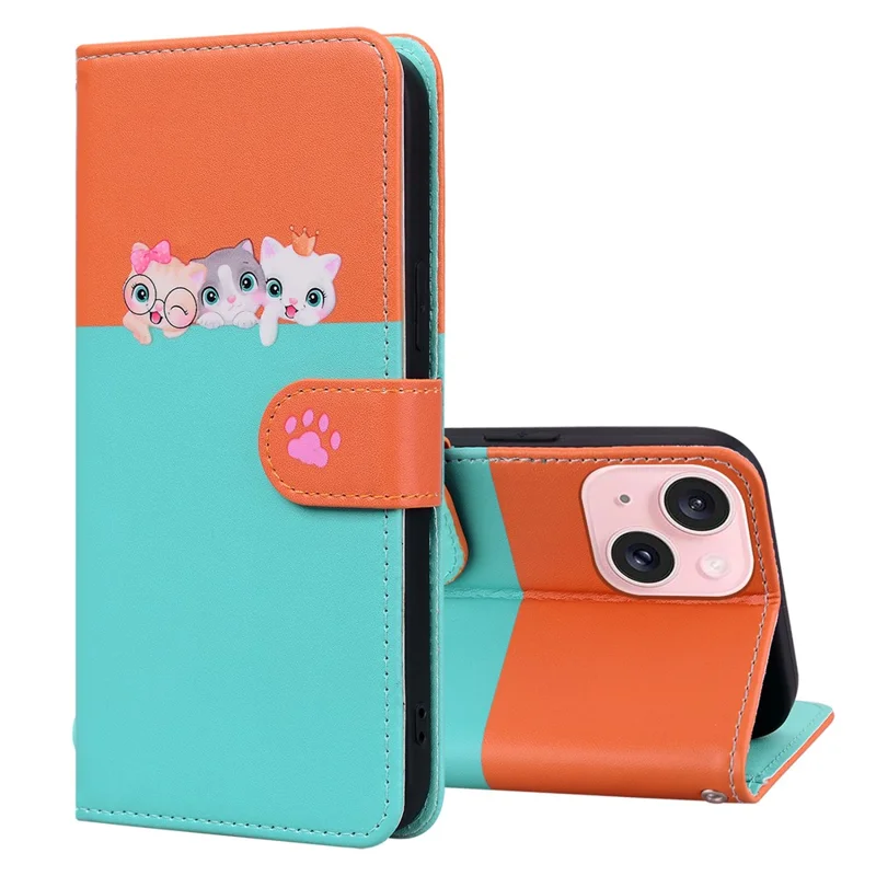 Cartoon Pet Series for iPhone 15 Leather Case Animal Pattern Color Splicing Wallet Cover - Sky Blue