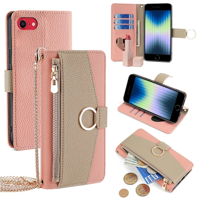 Para Iphone 7 / 8 / SE (2020) / SE (2022) Case Metal Ring Zipper Pocket Crossbody Tele - Rosa