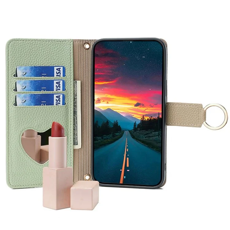 For iPhone 14 Case PU Leather Makeup Mirror Wallet Phone Cover with Finger Ring - Green