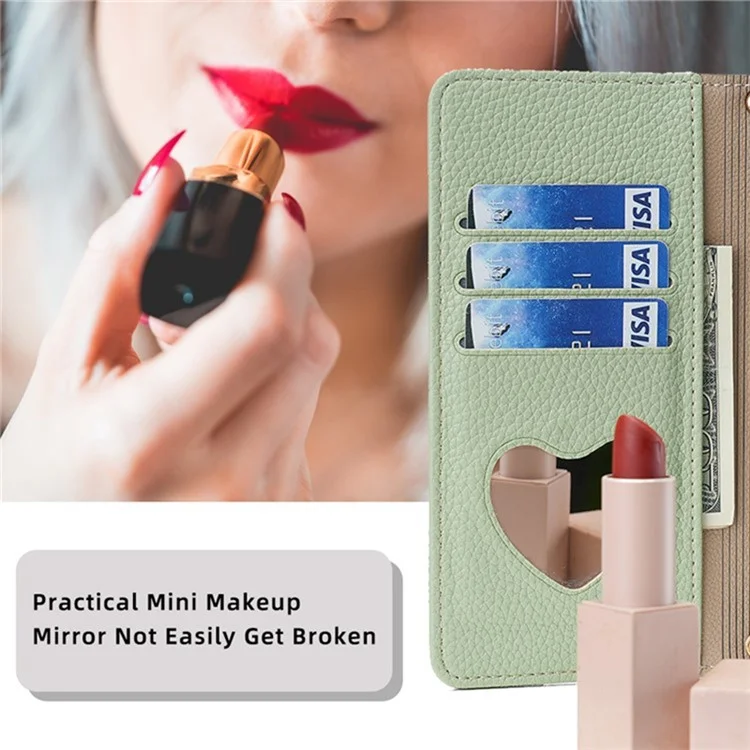 For iPhone 14 Case PU Leather Makeup Mirror Wallet Phone Cover with Finger Ring - Green