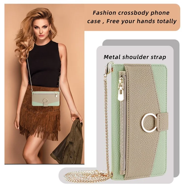 For iPhone 14 Case PU Leather Makeup Mirror Wallet Phone Cover with Finger Ring - Green