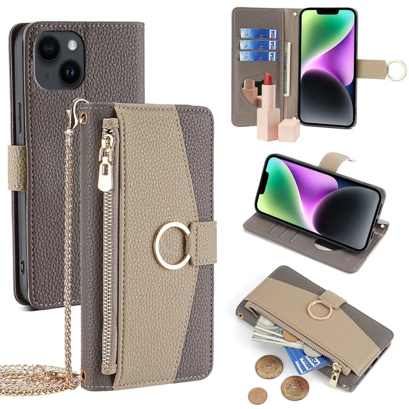For iPhone 14 Case PU Leather Makeup Mirror Wallet Phone Cover with Finger Ring - Grey