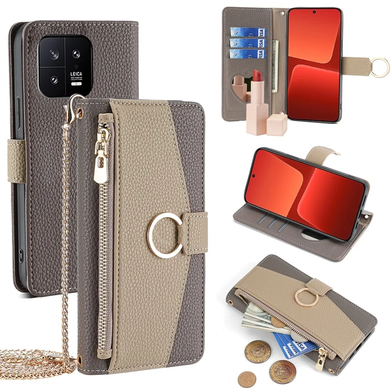 For Xiaomi 13 Case Zipper Pocket Leather Phone Wallet Cover with Shoulder Strap - Grey