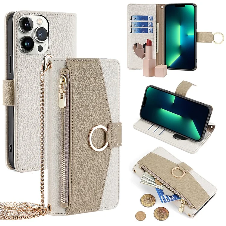 Per iPhone 13 Pro Max 6,7 pollici Custodia Litchi Texture PU Leather Phone Stand Cover con Cinturino da Spalla - Bianco